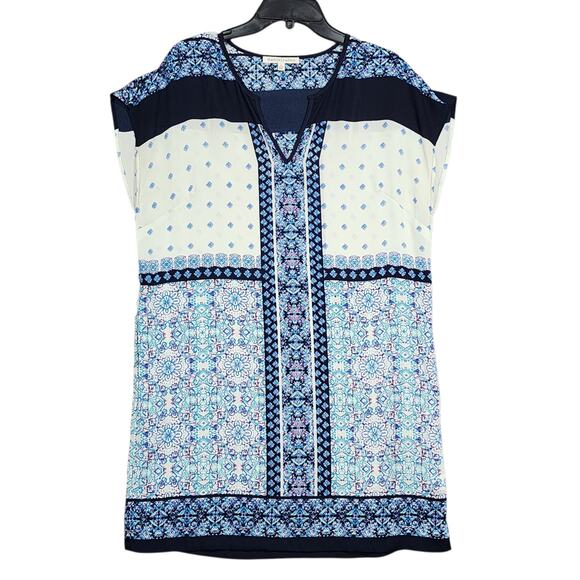 Daniel Rainn Sheer Mesh Swim Cover Up Blue Floral Block Pattern Medium Pockets - Picture 1 of 6